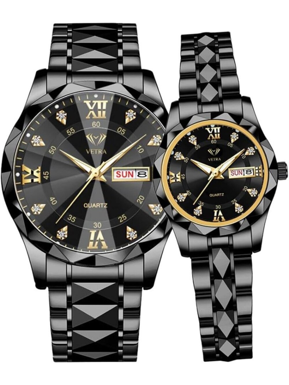 Couple’s Black Band Black Dial Watches, Luxury Diamond Waterproof Quartz Watches